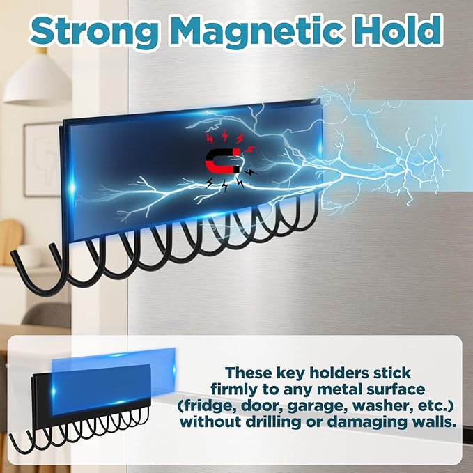 4Pcs Magnetic Key Holder for Fridge, With 10 Hooks Wall - Strong Magnetic Hooks Organizer for Keys, Kitchen Utensils, Towels, Grill Tools - No Drill Iron Key Rack for Metal Door, Garage, Laundry Room