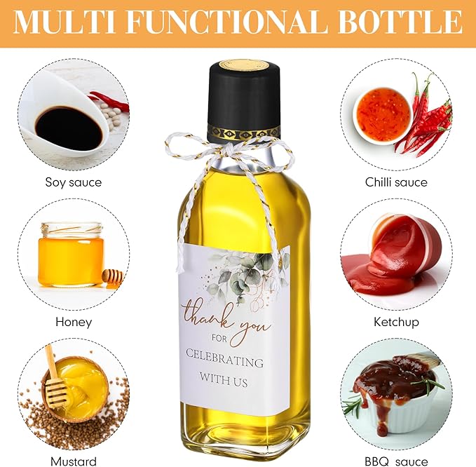 Reallnaive 20 Pack 3 oz Mini Glass Olive Oil Bottles Set, Homemade Wedding Sauce Gift Bottles Leakproof Screw Cap, Thank You Wedding Stickers for Storing Oil Honey Bridal Baby Shower Favors (Black)