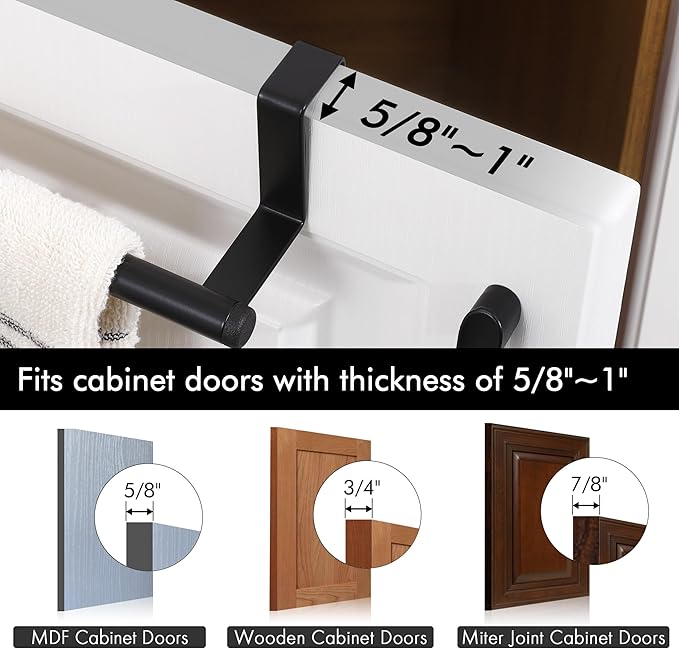 KES Over The Cabinet Door Towel Bar with Hooks, Kitchen Towel Holder with Hooks for Hanging Utensils, Over The Cabinet Door Organizer with Hook 2 Pack, Matte Black, Metal, KUR527-BK-P2