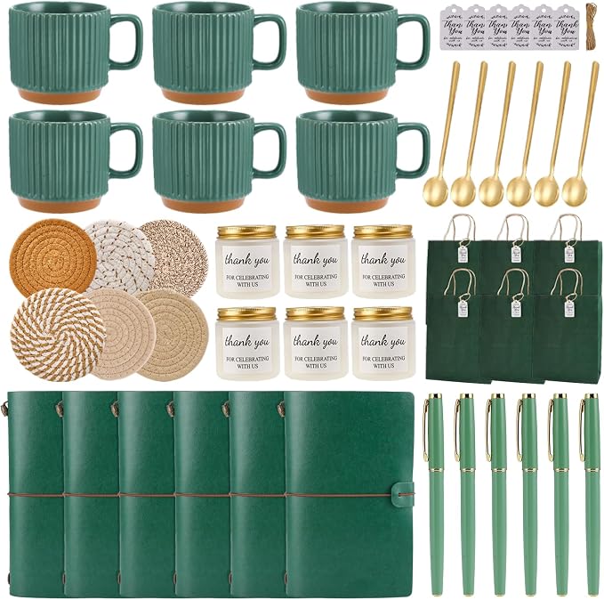 Baby Shower Prizes for Game Winners Baby Shower Games Prizes Ceramic Mugs with Metal Spoons Woven Coasters Notebooks Scented Candles Gift Bags Wedding Bridal Shower Favors for Guests (6, Green)