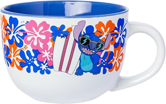 Silver Buffalo Disney Lilo and Stitch Tropical Flowers and Sunnies Shade Ceramic Soup Mug, 24 Ounces
