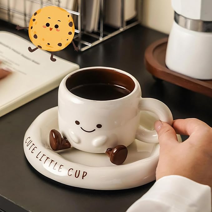 Ceramic Coffee Mug with Saucer Set, 6.8oz Cute 3D Ceramic Mug with Saucer, Face Tea Cup Espresso Cups for Coffee Tea Hot Chocolate, Microwave & Dishwasher Safe (White)