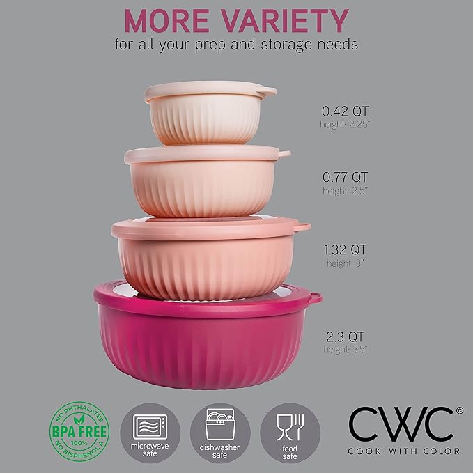 COOK WITH COLOR Prep Bowls with Lids- Wide and Deep Nesting Plastic Small Mixing Bowl Set with Lids, 8 Piece Set - Wide Bowls, Rose