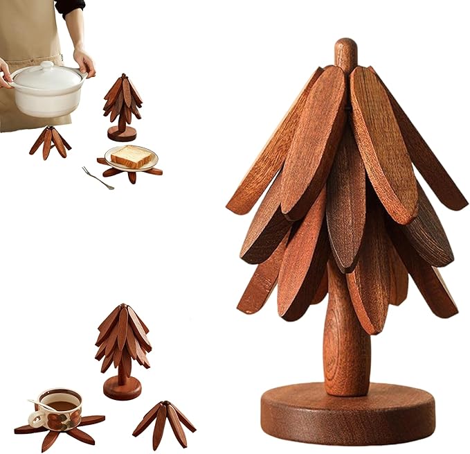 Natural Tree Trivet Set - Natural Foldable Kitchen Trivets, Handmade Wooden Hot Pad Holder for Plates, Pots, Pans, Cup, Kitchen Dining Table Protection (Brown, S)