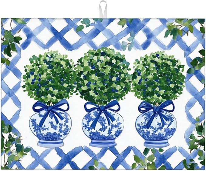 Topiary Chinoiserie Ginger Jar Dish Drying Mat For Kitchen Counter Microfiber Absorbent Dish Draining Reusable Washable Extra Large 18"X24"