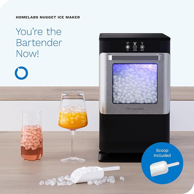 hOmeLabs Countertop Nugget Ice Maker - Stainless Steel with Touch Screen - Portable and Compact - Chewable Nugget Ice Machine - Produces Up to 44lb of Ice Per Day