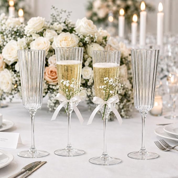 Jingmore 100 Pcs Plastic Ribbed Champagne Flutes With Stem, 6.4 oz Clear Vintage Disposable Vintage Mimosa Glasses for Wedding Birthday Anniversary (Clear)