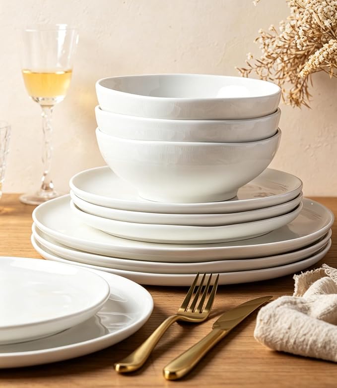 LERATIO Ceramic Dinnerware Sets for 4,Porcelain Plates and Bowls Sets with Wavy Edge,Microwave & Dishwasher & Oven Safe,Light Weight & Scratch Resistant Dishes Sets