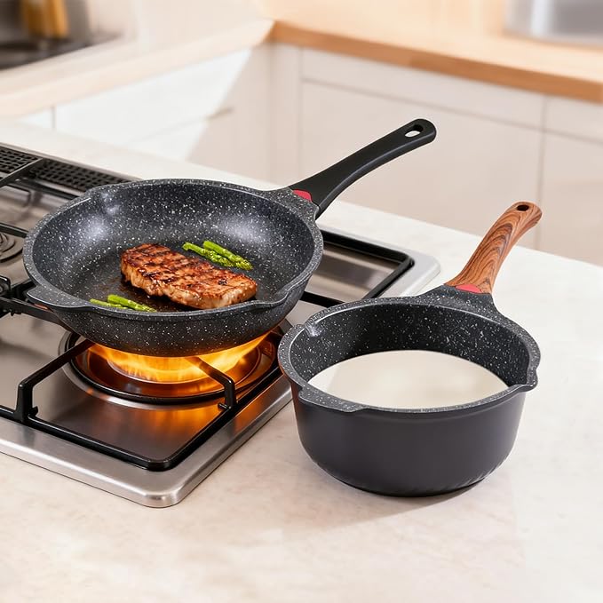Vinchef Nonstick Sauce Pan & Skillet with Lids, 4QT Sauce Pot & 12.5 IN Deep Fry Pan, Dishwasher Safe,Induction Compatible, Scratch/Stain Resistant, PFAS-Free, Black