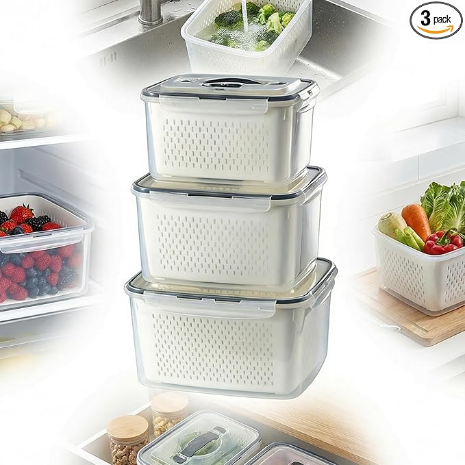 Produce Storage Containers Set with Drain Basket & Lid – Stackable Fridge Organizer Bins for Refrigerator – Fruit & Vegetable Storage Keeper, Berry Container, Lettuce Storage Box (6 Sizes) (3)