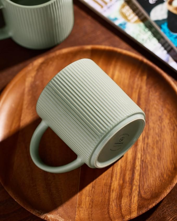 famiware Coffee Mug Set for 6, Star 16 oz Catering Mugs Cup Set with Handle for Coffee, Tea, Cocoa, Milk - Ceramic Stoneware Drinkware Set, Matte Green