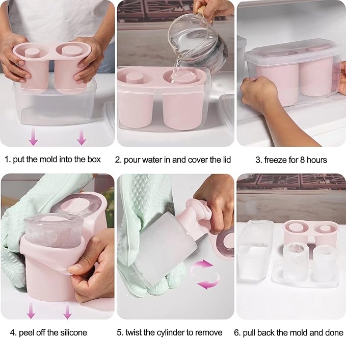 Ice Mold for Stanley Cup, Silicone Ice Cube Tray for Stanley Cup 30oz-40oz, Tumbler Ice Mold with Lid and Bin, Easy Release Cylinder Ice Cube Mold, 1 Pack, Rose Quartz