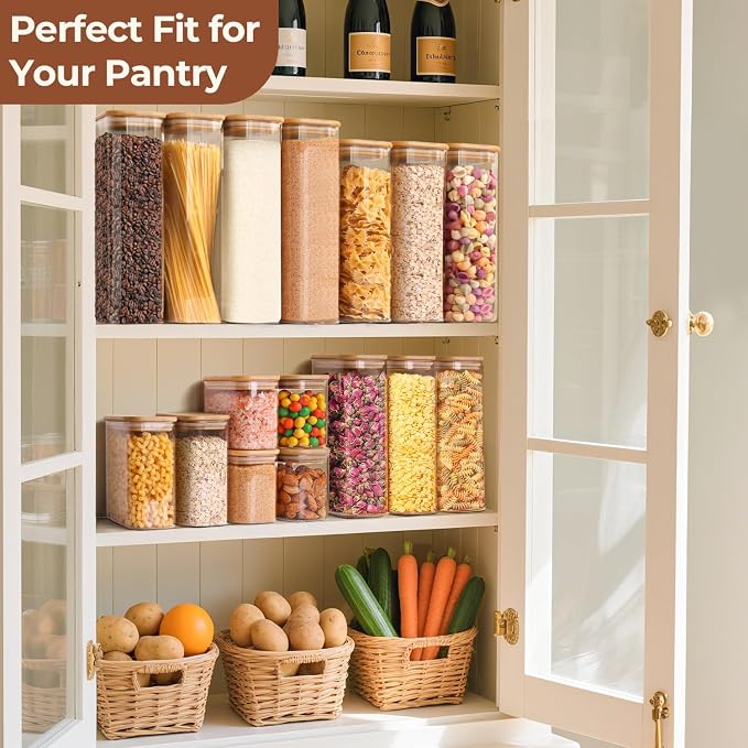 ComSaf 1.8Qt Rectangular Glass Food Storage Containers with Lids, 3-Piece Airtight Cereal Containers Storage, Glass Jars with Bamboo Lids, Space Saving Pantry Organizers for Flour, Pasta, Nut & Coffee