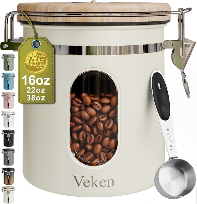 Veken Coffee Sugar Canister with Window, Airtight Stainless Steel Kitchen Food Storage Container with Lids, Date Tracker and Scoop for Grounds Coffee, Beans, Tea, Flour, Cereal Jars, 16OZ, Cream