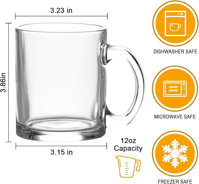 QAPPDA Glass Mugs 12 oz, Clear Coffee Mugs With Handle 350ml,Tea Mug Water Mug Beer Glasses With Handle,Glass Drinkware For Beverage,Juice,Latte Cups Cappuccino Mugs Water Cup 12pack