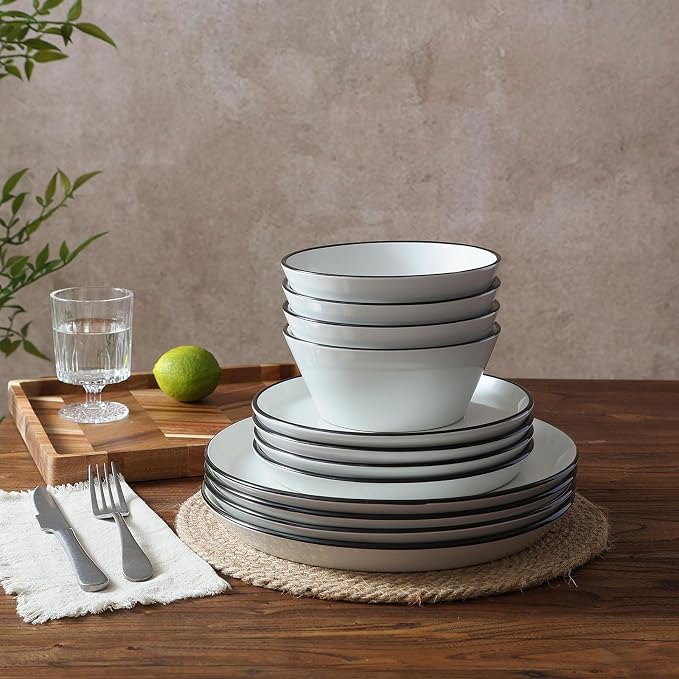 Famiware Saturn Dinnerware Sets, Plates and Bowls Sets for 4, 12 Pieces Stoneware Dish Set - Chip and Scratch Resistant, Microwave and Dishwasher Safe Tableware Set, White with Rim