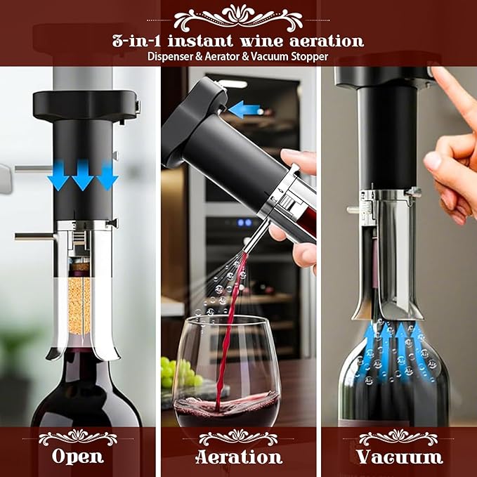 3-in-1 Electric Wine Opener with Aerator Pourer & Vacuum Sealer – Automatic Corkscrew, Drip-Free Pouring, Wine Preservation for Over 10 Days – Ideal Gift for Home, Restaurants, Parties