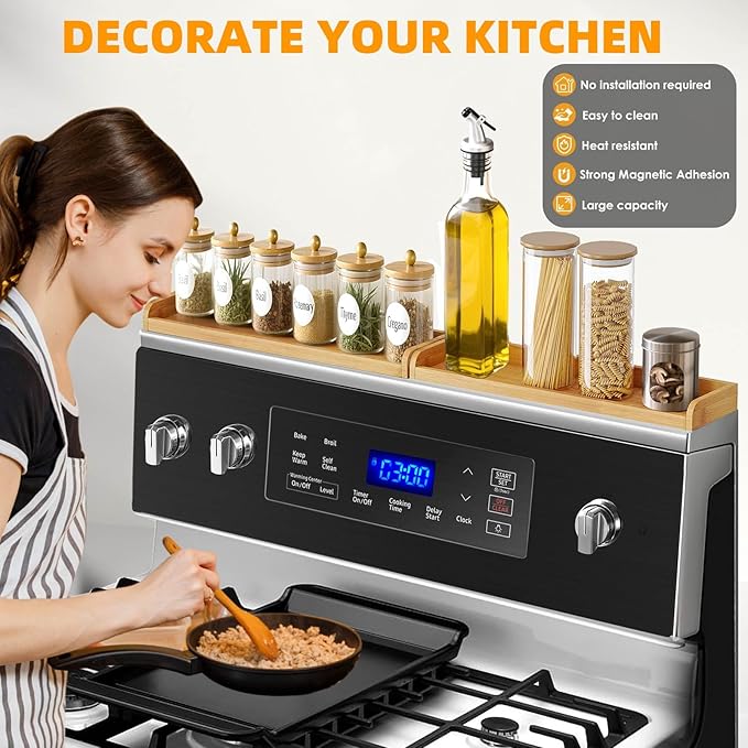 30" Magnetic Over the Stove Shelf,Stove Top Shelf,Over Oven Shelf,Stove Shelf for Back of Stove, Heat-Resistant and Wooden,Space-Saving Kitchen Storage (Wood Color, 1 Layer 2pcs)