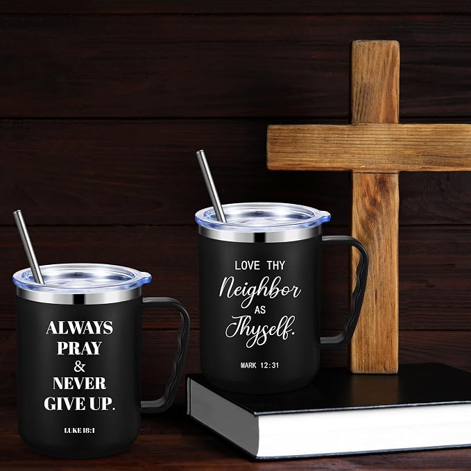 Sieral 12 Pcs Christian Gifts Coffee Mugs with Straw Lid 17 oz Religious Cups with Bible Stainless Steel Tumbler Inspirational Gifts for Women Men Pastor's Church Group(Black,Bible Verse)