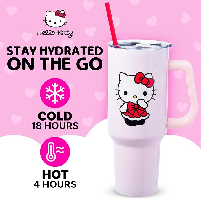 Silver Buffalo Sanrio Hello Kitty Christmas Holiday Dress and Matching Bow Snowflakes Double Walled Stainless Steel Tumbler with Handle and Straw, Fits in Standard Cup Holder, 40 Ounces