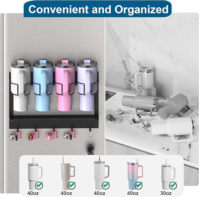 Magnetic Cup Storage Organizer Holder for Stanley 30/40 oz Tumbler,Strong Magnetic Rack for Fridge (Black, 4CUPS)