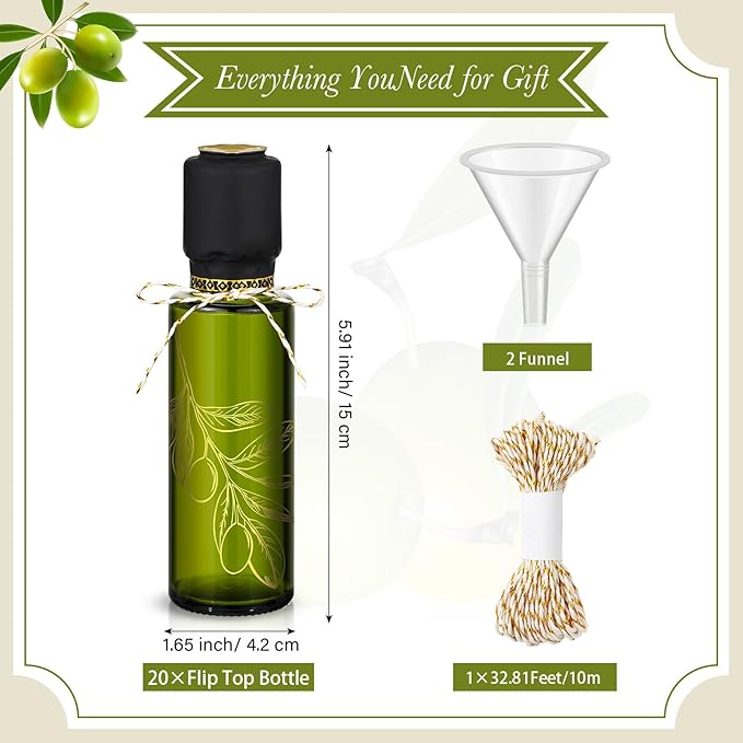 Reallnaive 4 oz Mini Glass Olive Oil Bottles Empty Sauce Condiment Bottles with Dropper Inserts and Sticker Seals Caps for Gifts Kitchen(Olive Leaf,Dark Green,20 Pcs)