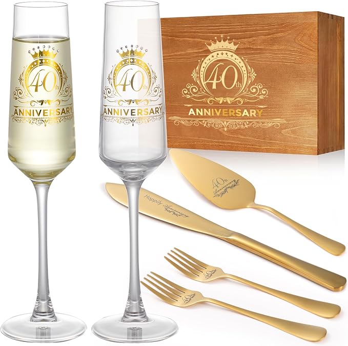 40th Wedding Anniversary Champagne Flutes Gifts, Happy Anniversary Decorations, Gold Cake Cutting Set Gfits for Women Men 40 th Birthday or Parents