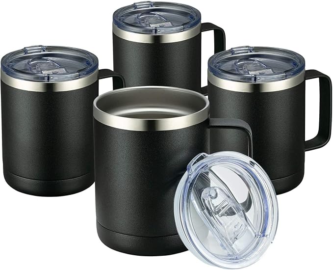 MEWAY 12oz Coffee Mug With Handle 4 Pack Bulk,Stainless Steel Insulated Travel Tumblers With Sliding Lid,Double Wall Vacuum Camping Cup for Hot & Cold Drinks Tea (Black,Set of 4)