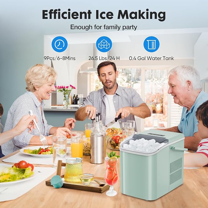 Hexago Countertop Ice Maker, 6-Min Fast Ice Machine with 2 Sizes Bullet Ice, Self-Cleaning Portable Ice Maker with Handle, 26.5 lbs/24H, Quiet Ice Maker for Home, Office, RV & Party