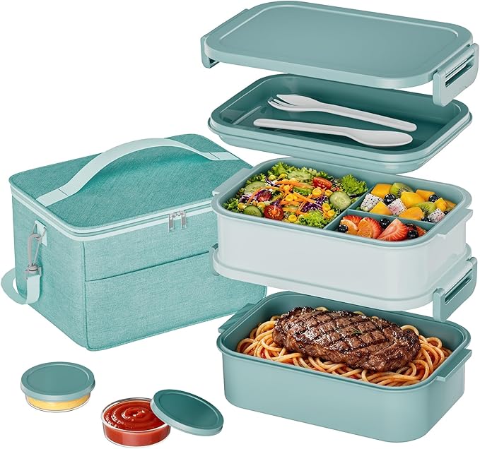 DaCool Adults Lunchbox Bento Box with Lunch Bag- 74 OZ All-in-One Stackable Lunch Box for Adults Kids Leakproof Bento Large Lunch Box Containers with Fork Spoon Sauce Box for Work School (Green)