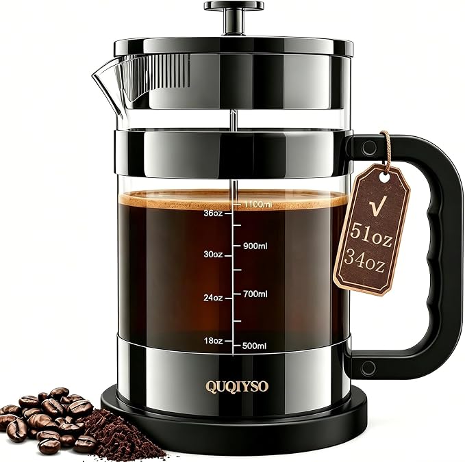 QUQIYSO French Press Coffee Maker – 304 Stainless Steel Filter, 2.8mm Thick Heat-Resistant Borosilicate Glass, Easy to Clean, Large Coffee Press for Home, Office, Party, 51oz, Dark Pewter
