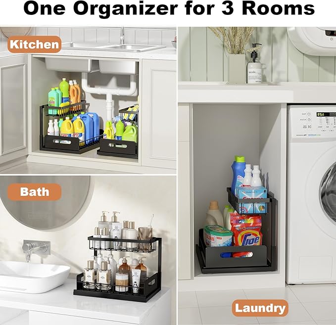 REALINN Under Sink Organizer, Pull Out Cabinet Storage 2 Tier Slide Out Sink Shelf, Kitchen Organizers and Storage, Black, 1 Pack