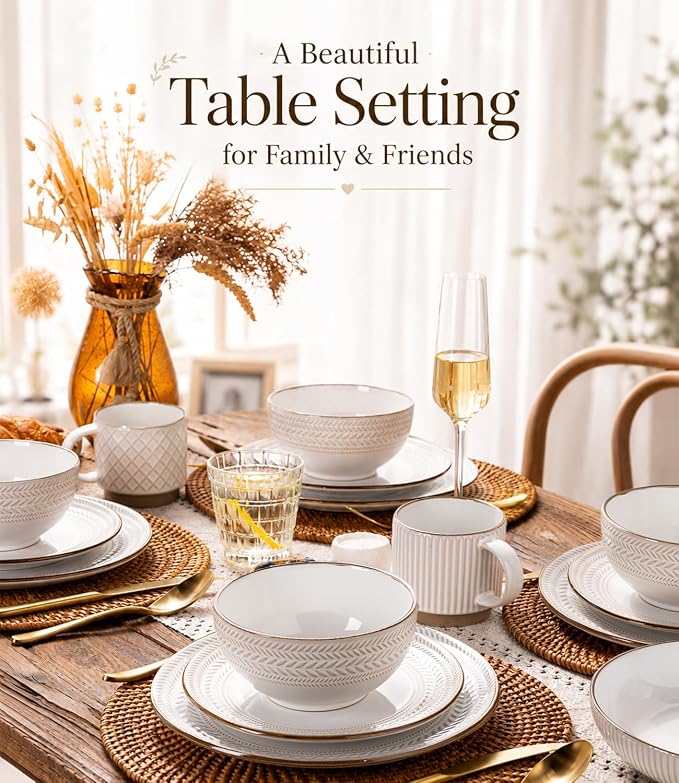 GBHOME Dinnerware Sets for 4, Farmhouse Style Stoneware Plates and Bowls Sets, 12 Pieces Embossed Scratch Resistant Dishes, Dishwasher & Microwave Safe, White