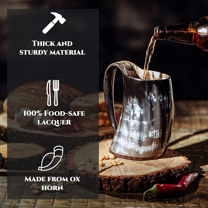 Viking Drinking Horn Mug - Unique Gifts for Men, 15-20 Oz Natural Ox Horn Cup & Cofee Stein | Cool Unique Gift for Brother or Dad, Home Decor Accessories | Shot Glasses for Beer, Ale, Mead, Whiskey