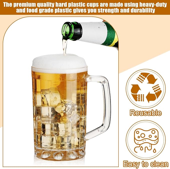 Mifoci 20 Pcs Plastic Beer Mugs with Handles 20oz Oktoberfest Beer Stein Bulk Reusable Drinking Cups Glasses for Bavarian Party Supplies Cocktail Beverages Alcohol Soda
