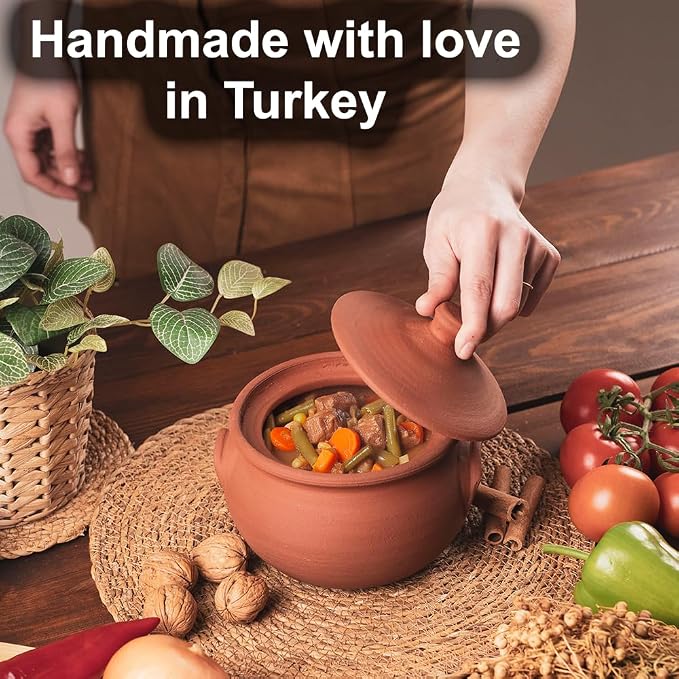 Small Earthenware Clay Mexican Mud Eathern Terracotta Cooking Pot Pottery Cazuela Cookware with Lid Natural Stovetop Stove Top Stone Stew Rice Unglazed Indian Kitchen Oven Terra Cotta Handcrafted Traditional Healthy (1.2 Quarts - Size2)