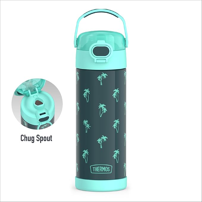 THERMOS FUNTAINER 16 Ounce Stainless Steel Vacuum Insulated Bottle with Wide Spout Lid, Palm Trees