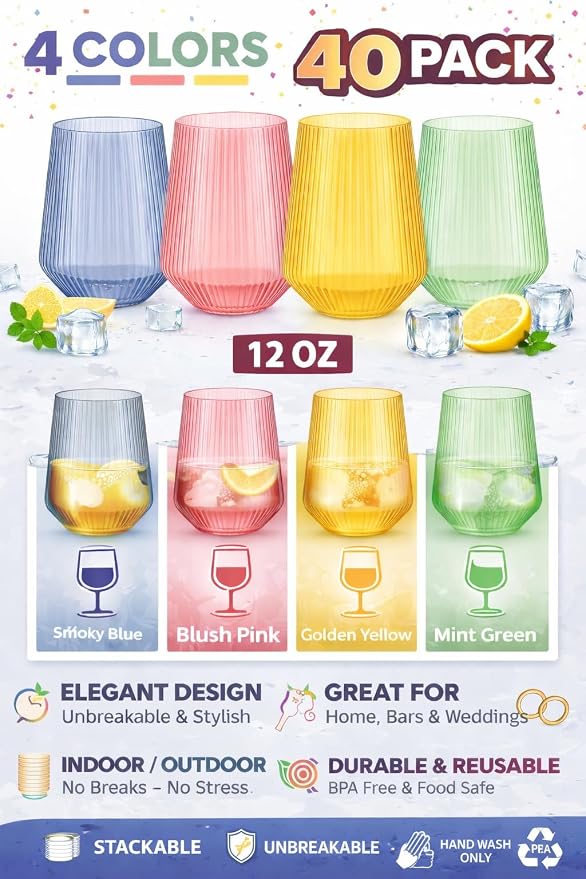 40 Pack Disposable Stemless Plastic Wine Glasses 12 oz - Origami Ribbed Shatterproof Reusable BPA-Free Recyclable Unbreakable Cocktail Cups, Champagne Wedding Birthday Party, Oojami (Color Collection)