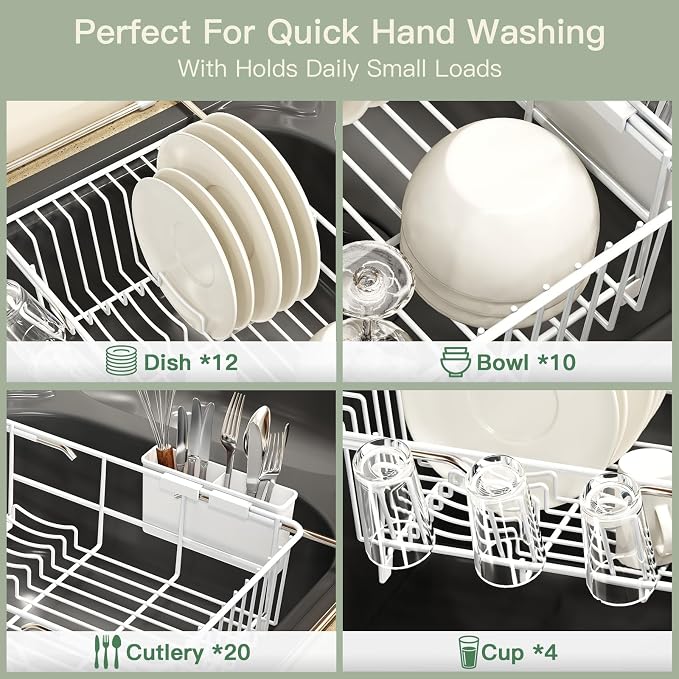 MAJALiS White Dish Drying Rack Over The Sink with Utensil Holder, Mat | Expandable Stainless Steel Dish Drainer for Small Kitchen, Apartment, RV, Counter Space Saving, Perfect Fit, Rustproof