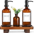 Kitchen Soap Dispenser Set with Wood Riser Tray, Amber Glass Soap Dispenser with Stainless Steel Pump, Hand and Dish Soap Dispenser Set for Kitchen, Soap and Lotion Dispenser Bathroom Decor(Amber)