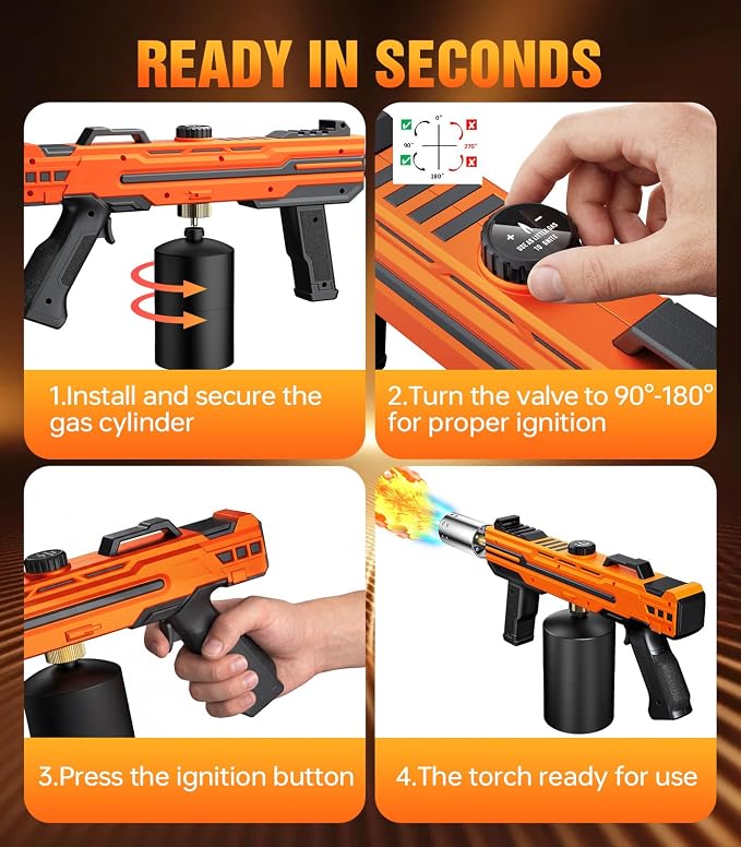 Powerful Propane Torch Gun, Kitchen cooking Torch lighter with Adjustable Flame, Flame Thrower Gun Butane Torch for Searing Steak, BBQ, Campfire, Fireplace (Tank Not Included) (Orange)