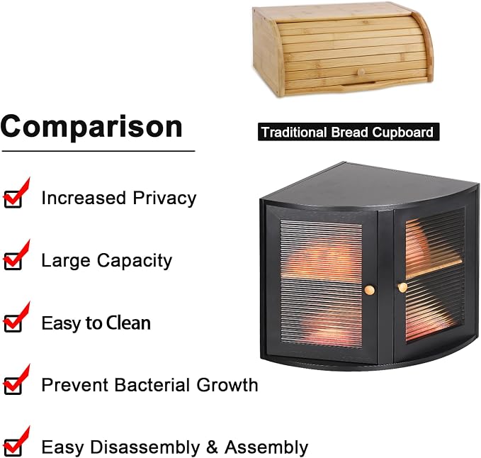 HOMEKOKO Double Layers Bamboo Corner Bread Box for Kitchen Counter, Vintage Wooden Large Capacity Bamboo Bread Food Storage Bin (Black)