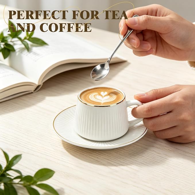 ALIMOTA Ceramic Coffee Mug Set of 6, 3.5 Oz Tea Cups with Handle for Latte, Tea, Cappuccino, Milk, Cocoa, Dishwasher & Microwave Safe Gift Set, White