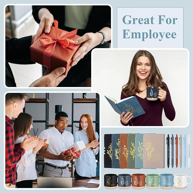 Didaey 6 Sets Employee Appreciation Gifts Set 13oz Boho Floral Ceramics Coffee Mugs with A6 Leather Notebooks Ballpoint Pens Bulk Office Thank You Gift for Coworkers Staff Team Nurse