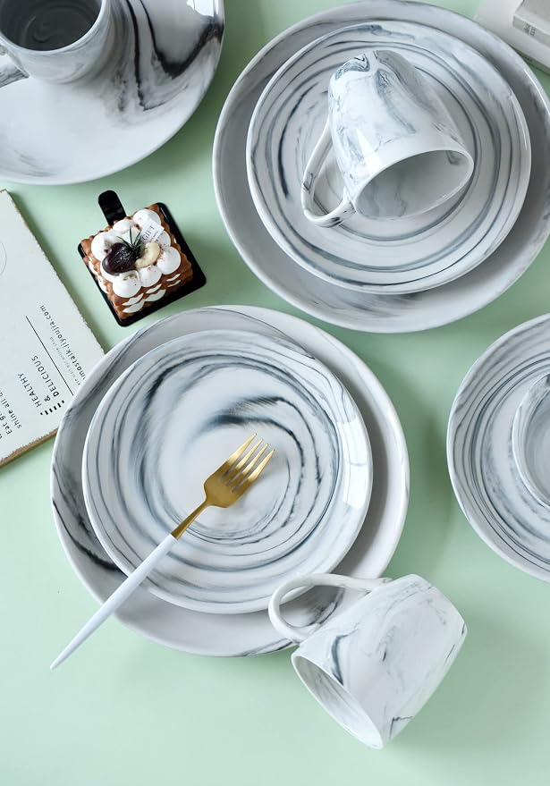 16 Piece Marble Dishes Dinnerware Sets, Marble Porcelain Dinnerware Set, Grey (4×Dinner Plates, 4×Dessert Plates, 4×Bowls, 4×Mugs, 16 Pack)