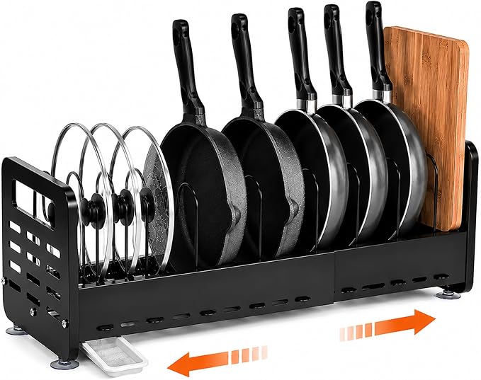 Pots and Pans Organizer Under Cabinet, Expandable 15.4"-24.8" Adjustable Pot and Pan Rack, Heavy Duty Pot Lid Organizer with Removable Drip Tray for Kitchen Cabinets, Countertops