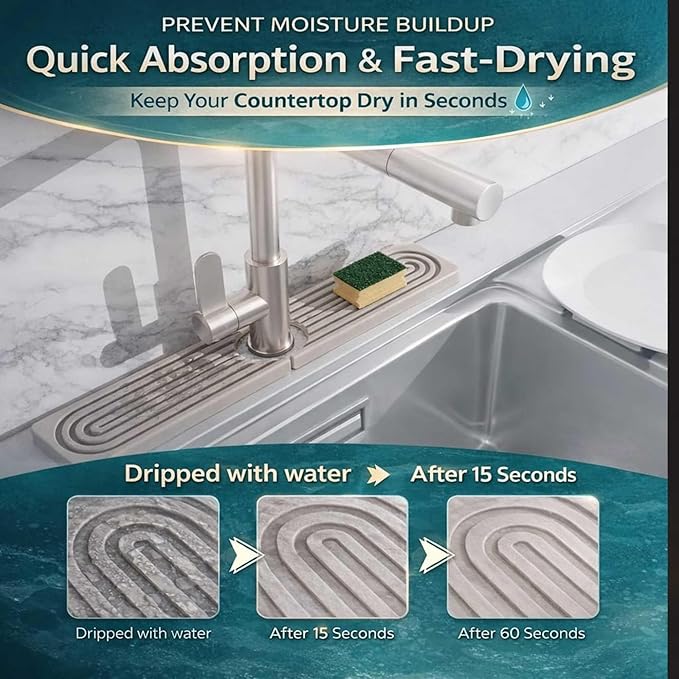 Faucet Mat for Kitchen Sink – Diatomite Stone Drip Catcher, Fast Drying & Water Absorbing Splash Guard, Countertop Protector Behind Faucet, Non-Slip Sink Tray, Light Grey 23.6" x 3.9"