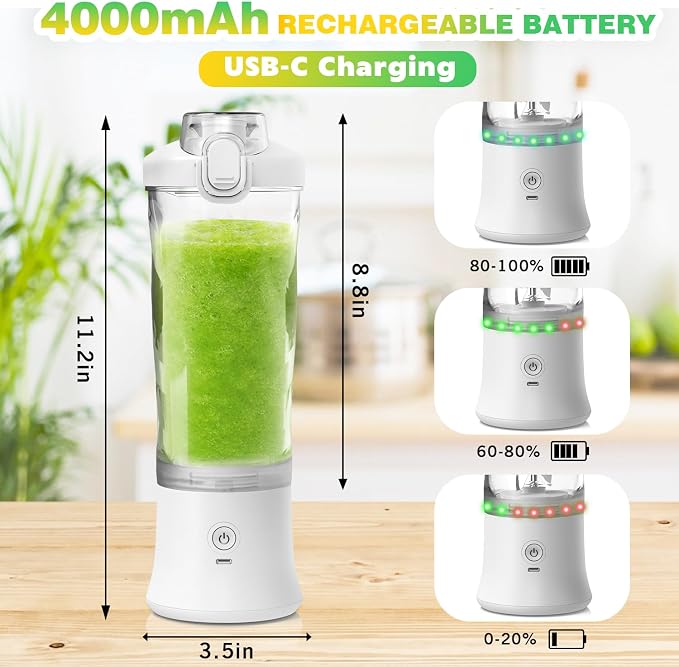 Portable Blender Personal Juicer for Shakes and Smoothies - 20 OZ Electric Protein Shaker Bottle with Insulated Sleeve, Travel Lid, USB-C Rechargeable - Mini Small Blender Cup for Kitchen, Office, Gym