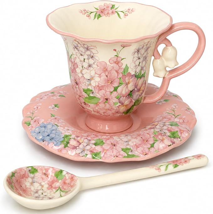 Tea Cup and Saucer Set with Spoon, Porcelain Flower Tea Cup with Saucer, Cute Vintage French Style Coffee Cup Gift Set with Box for Women and Tea Parties