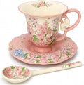 Tea Cup and Saucer Set with Spoon, Porcelain Flower Tea Cup with Saucer, Cute Vintage French Style Coffee Cup Gift Set with Box for Women and Tea Parties